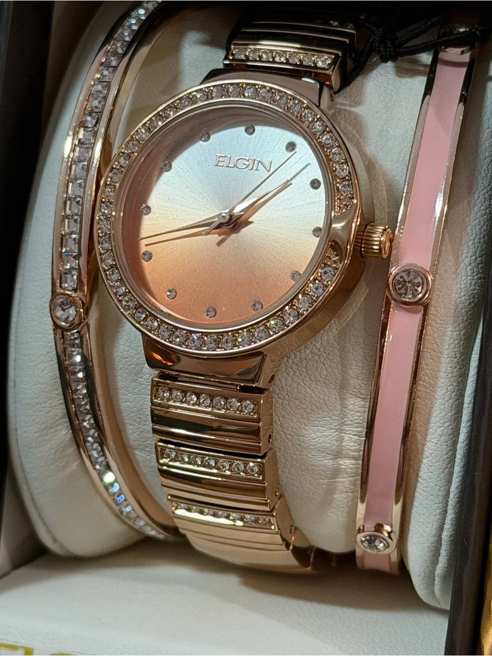 Elgin Women's Rose Gold Crystal Accent Watch and Bracelet Set - Rose - Picture 2 of 6